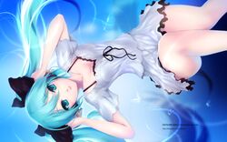  aqua_eyes aqua_hair cait dress hands_on_headphones hatsune_miku headphones highres long_hair smile solo twintails vocaloid wallpaper world_is_mine_(vocaloid) 