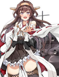  1girl ahoge boots brown_hair cannon dairyo3 detached_sleeves double_bun hair_bun hairband headgear highres japanese_clothes kantai_collection kongou_(kancolle) kongou_kai_ni_(kancolle) long_hair nontraditional_miko open_mouth ribbon-trimmed_sleeves ribbon_trim rigging solo thigh_boots turret violet_eyes wide_sleeves 