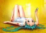  aqua_hair barefoot blush breasts cleavage digital_media_player down_blouse earphones feet fingernails hands hatsune_miku ipod laying legs looking_at_viewer on_back shirt short_shorts shorts smile tattoo twintails upside-down vocaloid wokada wokada_(takouji) yellow 