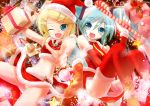  2girls :d aqua_hair bare_shoulders blonde_hair blue_eyes candy_cane christmas eyebrows_visible_through_hair fang gift hairclip hatsune_miku kagamine_rin looking_at_viewer midriff multiple_girls navel one_eye_closed open_mouth panties porurin_(do-desho) santa_costume striped_panties thighhighs underwear upskirt vocaloid wink 