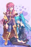 2girls bad_id blush boots breasts collar crossed_legs detached_sleeves elbow_gloves hatsune_miku headset highres knee_boots leash megurine_luka multiple_girls pico_(picollector79) sitting skirt tears thigh_highs thighhighs twintails vocaloid