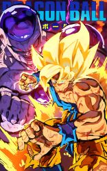  2boys aura blonde_hair blood blood_on_face blue_wristband clenched_hand colored_skin commentary copyright_name dougi dragon_ball dragon_ball_z english_commentary fighting_stance final_form_frieza frieza full_power_frieza funnismonkis glowing glowing_eyes green_eyes highres looking_at_viewer male_focus multiple_boys muscular muscular_male open_mouth orange_dougi red_eyes son_goku spiky_hair super_saiyan super_saiyan_1 torn_clothes transformation white_skin 