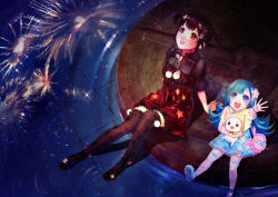  2girls absurdres aerial_fireworks age_difference animal animal_bag ankle_bow bag bare_arms black_shirt black_shoes black_socks blue_dress blue_eyes blue_hair blue_shoes bow bowtie bright_pupils brown_eyes brown_hair buttons cat child cloak clock clothed_animal collared_shirt dress ear_covers exploding_fireworks_(shining_nikki) eyelashes fireworks frilled_bag frilled_shirt_collar frilled_socks frills full_body hair_ornament happy height_difference high_heels highres holding holding_animal holding_cat hood hood_up hooded_cloak knees lace-trimmed_dress lace_trim light_particles long_hair looking_up marina_(shining_nikki) momo_(nikki) multiple_girls night nikki_(nikki) nikki_(series) official_alternate_color open_mouth outdoors outstretched_arm outstretched_leg over-kneehighs oversized_object pink_bag pink_bow pink_socks pink_tank_(pixiv_69523419) pleated_dress pom_pom_(clothes) print_dress print_socks puffy_short_sleeves puffy_sleeves pumps rabbit_bag red_bow red_bowtie red_dress reflection reflective_water ripples see-through_clothes see-through_shirt see-through_socks shadow shining_nikki shirt shirt_under_dress shoes short_dress short_hair short_sleeves short_twintails shoulder_bag sitting sitting_on_clock smile snowflake_hair_ornament snowflake_print soaking_feet socks solid_oval_eyes spaghetti_strap sparkle star_(symbol) star_hair_ornament star_print straight_hair tareme teeth thigh-highs tile_floor tiles traditional_bowtie twintails upper_teeth_only very_long_hair water whiskers white_cat white_pupils yellow_cloak yellow_shirt 