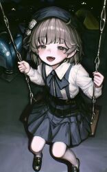  1girl beret black_hat black_ribbon black_shoes black_skirt blush brown_eyes brown_hair collared_shirt drawer_bushi_huajia flower foot_out_of_frame hair_rings hat hat_flower hatoba_tsugu highres loafers long_sleeves neck_ribbon night on_swing open_mouth outdoors pantyhose playground ribbon rose shadow shirt shirt_tucked_in shoes short_hair single_hair_ring sitting skirt smile solo spring_rider suspender_skirt suspenders swing tsugu_(vtuber) virtual_youtuber white_flower white_pantyhose white_rose white_shirt 