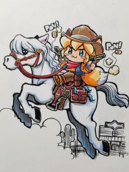  >:) 1girl :3 alternate_costume animal_ears bandana bandana_around_neck black_eyes blonde_hair blue_eyes blue_vest blush_stickers boots bridle brown_boots brown_hat brown_pants cactus chibi commentary cork cork_gun cowboy_hat cowboy_western cowgirl_(western) crime_crackers dual_wielding dust firing fox_ears fox_girl fox_tail gun handgun hat highres holding holding_gun holding_weapon holster horse horseback_riding jumping kokomahi leaza_(crime_crackers) open_clothes open_vest orange_shirt pants red_bandana reins revolver riding saddle shirt short_hair smile solo sound_effects spurs stirrups_(riding) tail toy_gun traditional_media v-shaped_eyebrows vest weapon white_horse 