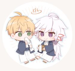  2boys ahoge arthur_pendragon_(fate) belt black_belt black_haori blonde_hair blush border bow brown_sandals bucket chibi chibi_only closed_mouth covering_own_mouth cup drinking fate/grand_order fate_(series) full_body green_eyes grey_border hair_between_eyes hair_bow half-closed_eyes hands_up haori holding holding_bucket holding_cup holding_towel japanese_clothes kimono long_hair long_sleeves looking_at_another low_ponytail male_focus merlin_(fate) multiple_boys notice_lines open_clothes ponytail purple_bow rabi_(swordofthestone) sandals short_hair simple_background smile standing towel very_long_hair violet_eyes white_background white_hair white_kimono wide_sleeves 