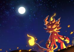  bly_mead coronamon digimon digimon_(creature) digimon_story:_time_stranger fire from_behind full_moon highres lion moon night standing 