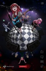  6+girls absurdres ahoge band_(music) bass_guitar black_hair black_skirt blonde_hair blue_hair bocchi_the_rock! bow braid brown_shoes checkered_floor collared_shirt cube_hair_ornament dress drum drumsticks electric_guitar fender_precision_bass fisheye gibson_les_paul gotoh_hitori green_dress guitar hair_between_eyes hair_ornament highres hiroi_kikuri holding holding_drumsticks ijichi_nijika ijichi_seika instagram instrument iwashita_shima jacket kita_ikuyo long_hair long_sleeves medium_dress multiple_girls music one_side_up pa-san panorama pantyhose pink_hair pink_jacket playing_instrument pleated_skirt red_bow red_eyes red_hair sailor_collar school_uniform shimizu_eliza shimokitazawa_high_school_uniform shirt shoes short_hair shuka_high_school_uniform side_ponytail sidelocks single_braid skirt track_jacket voodoothur white_sailor_collar white_shirt yamada_ryo 