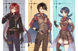  1girl 2boys :d ayan_ip belt black_jacket brown_hair brown_pants brown_shorts brown_vest cape closed_mouth collared_shirt collared_vest commentary_request ethan_(pokemon) fingerless_gloves gloves hair_between_eyes hand_on_own_hip highres jacket kris_(pokemon) long_hair multiple_boys open_mouth pants pokemon pokemon_adventures red_hair red_shirt scarf shirt short_hair shorts silver_(pokemon) single_thighhigh smile thigh-highs thigh_strap twintails vest 
