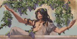  1boy 210_(reverse:1999) :d abs ancient_greek_clothes armlet arms_up blue_background blue_eyes brown_background brown_hair food-themed_hair_ornament fujji_771 grape_hair_ornament greco-roman_clothes hair_ornament hands_up highres jewelry long_hair looking_at_viewer male_focus open_mouth pectorals reverse:1999 single_bare_arm single_bare_shoulder smile solo toga toned toned_male two-tone_background upper_body 