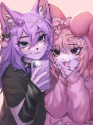  2girls animal_hood animal_nose bitterk4t black_arm_warmers black_shirt brown_eyes cellphone collar commentary cosplay couple earrings english_commentary furry furry_female furry_with_furry grey_eyes hair_bobbles hair_ornament highres holding holding_phone hood jewelry kuromi kuromi_(cosplay) long_hair long_sleeves looking_at_viewer medium_hair multiple_girls my_melody my_melody_(cosplay) onegai_my_melody original phone pink_hair pink_sweater rabbit_hood sanrio shirt smartphone smile spiked_collar spikes sweater upper_body violet_eyes yuri 