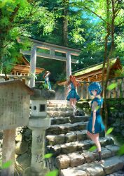  3girls :/ absurdres ayanami_rei bird black_shoes black_socks blue_hair blue_skirt botttomtext bright_pupils brown_hair closed_mouth commentary_request day falling_leaves hair_between_eyes hairpods highres horaki_hikari interface_headset_(evangelion) kneehighs leaf long_hair multiple_girls neon_genesis_evangelion outdoors pixiv_id red_eyes school_uniform shide shirt shoes short_hair short_sleeves shrine skirt socks souryuu_asuka_langley stairs stone_lantern suspender_skirt suspenders tokyo-3_middle_school_uniform torii tree walking white_pupils white_shirt white_shoes white_socks 