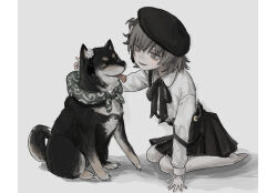  1girl beret black_hat black_ribbon black_skirt blush brown_eyes brown_hair commentary_request flower full_body grey_background hat hatoba_tsugu hin_(82sugoi) kneeling long_sleeves mole mole_under_eye neck_ribbon no_shoes pantyhose parted_lips petting ribbon shiba_inu short_hair simple_background skirt smile solo suspender_skirt suspenders suspenders_slip tsugu_(vtuber) virtual_youtuber white_flower white_pantyhose 