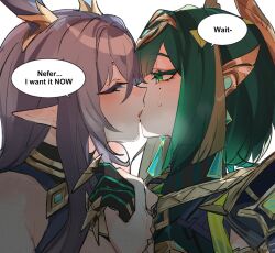  2girls black_gloves blush closed_eyes ear_blush english_text genshin_impact gloves green_eyes green_hair grey_hair hashtag-only_commentary holding_hands kiss lauma_(genshin_impact) long_hair medium_hair mole mole_under_eye multicolored_hair multiple_girls nefer_(genshin_impact) pointy_ears rekka shirt simple_background sleeveless sleeveless_shirt speech_bubble streaked_hair sweat white_background yuri 