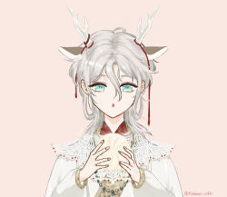  1boy :o aegyo_sal animal_ears aqua_eyes bead_necklace beads chinese_clothes collar commentary_request deer_ears downturned_eyes dragon_horns eating extra_ears fingernails food grey_hair hair_between_eyes hanfu holding holding_food horn_ornament horn_ribbon horns jewelry kohanai_setsuna long_hair_between_eyes long_sleeves looking_at_food luming male_focus medium_hair necklace nikki_(series) open_mouth orange_background puffy_long_sleeves puffy_sleeves red_ribbon ribbon shining_nikki simple_background solo steamed_bun straight-on twitter_username upper_body white_collar white_hanfu white_horns yunjian 