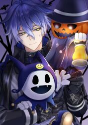  1boy arm_up bat_(animal) black_cloak black_coat black_gloves black_hat cloak closed_mouth coat commentary_request double-parted_bangs fangs flins_(genshin_impact) genshin_impact gloves hair_between_eyes hat highres holding holding_lantern jack-o'-lantern jack_frost_(megami_tensei) lantern long_sleeves looking_at_another looking_to_the_side male_focus necoco112061 nervous_sweating open_mouth pyro_jack red_eyes shin_megami_tensei silk smile spider_web sweat sweatdrop upper_body yellow_eyes 