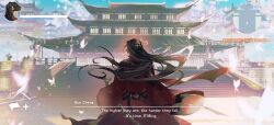  animal_print architecture artist_name belt black_belt black_hair blurry blurry_foreground bug building butterfly butterfly_print chinese_clothes commentary day e-ming_scimitar east_asian_architecture english_commentary english_text floral_print from_behind gameplay_mechanics hair_ornament hanfu heaven highres hua_cheng jewelry long_hair long_sleeves male_focus red_hanfu scimitar sheath sheathed solo stairs suto_(sakumaaritsu) sword tianguan_cifu user_interface very_long_hair weapon white_butterfly wide_sleeves 