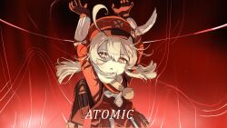  1girl :o absurdres arms_up backpack bag blonde_hair brown_gloves brown_scarf coat coin_hair_ornament commentary cowlick english_commentary english_text genshin_impact gloves glowing glowing_eyes hair_between_eyes hair_ornament hat hat_feather hat_ornament highres i_am_atomic_(meme) kage_no_jitsuryokusha_ni_naritakute! klee_(genshin_impact) long_sleeves looking_at_viewer low_twintails meme newsboy_cap open_mouth parody pointy_ears red_coat red_eyes red_hat red_theme scarf scene_reference sidelocks solo torten twintails 