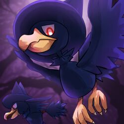  absurdres bird blurry blurry_background highres looking_at_viewer murkrow no_humans outdoors pokemon pokemon_(creature) red_eyes spicyichizo 