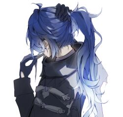  1boy alternate_hairstyle arm_up bfblackflower black_coat black_gloves coat commentary english_commentary flins_(genshin_impact) genshin_impact gloves hair_ribbon highres long_hair long_sleeves male_focus mouth_hold ponytail ribbon ribbon_in_mouth simple_background sleeve_cuffs solo tying_hair upper_body very_long_hair white_background 