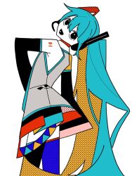  1girl abstract aqua_hair aqua_trim armpit_crease bare_shoulders black_eyes black_sleeves colored_skin detached_sleeves grey_shirt hair_between_eyes hair_ornament hatsune_miku head_tilt headset highres long_hair long_sleeves looking_at_viewer machigami_yoh necktie open_mouth shirt shoulder_tattoo simple_background skirt sleeveless sleeveless_shirt smile solo tattoo thigh-highs twintails very_long_hair vocaloid white_background white_skin 