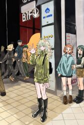  3boys 3girls aoyama_yuga asui_tsuyu backpack bag black_background black_boots black_hair black_jacket black_pants black_shoes black_shorts black_socks blonde_hair blue_jacket boku_no_hero_academia boots brown_hair brown_jacket brown_shoes brown_shorts full_body glasses green_hair green_jacket hagakure_toru highres iida_tenya jacket midoriya_izuku multicolored_hair multiple_boys multiple_girls open_mouth own_hands_together pants parted_bangs shirt shoes short_bangs shorts smile socks takeuchi_ryousuke tile_floor tiles tongue tongue_out uraraka_ochaco walking waving white_shirt white_socks 