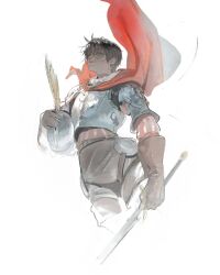  1girl absurdres armor berserk black_eyes black_hair brown_gloves brown_pants cape casca_(berserk) cuirass dark-skinned_female dark_skin elbow_gloves feathered_helmet floating_cape from_below gloves hair_between_eyes helmet highres hip_armor holding holding_sword holding_unworn_helmet holding_weapon kanji_(nievart) leather leather_gloves lipgloss lips looking_at_viewer looking_down mature_female messy_hair pants parted_bangs pink_shirt pixie_cut red_cape red_lips shirt short_hair shoulder_armor silver_armor simple_background solo striped_clothes striped_shirt sword unworn_headwear unworn_helmet vertical-striped_clothes vertical-striped_shirt weapon white_background 