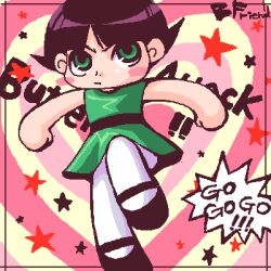  ! !! archived_source artist_name bf._(sogogiching) black_border black_hair black_shoes blush_stickers border buttercup_(ppg) cartoon_network character_name clenched_hands closed_mouth commentary_request dress english_text green_dress green_eyes heart heart_background korean_commentary lowres mary_janes pantyhose parted_bangs powerpuff_girls shoes spiky_hair star_(symbol) two-tone_background v-shaped_eyebrows white_pantyhose yellow_background 