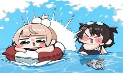  2girls alternate_hairstyle blue_one-piece_swimsuit blunt_bangs blush_stickers chibi chibi_only green_eyes hair_ornament hololive indie_virtual_youtuber kakue_gaku multiple_girls ocean off-shoulder_sweater off_shoulder on_innertube one-piece_swimsuit oozora_subaru pom_pom_(clothes) pom_pom_hair_ornament ponytail shigure_ui_(vtuber) short_hair short_ponytail subatomo_(oozora_subaru) sweater swimsuit virtual_youtuber 