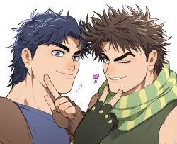  2boys battle_tendency blue_eyes blue_hair blue_shirt commentary_request eyelashes fingerless_gloves fingernails flying_sweatdrops gloves green_shirt grin heart index_finger_raised jojo_no_kimyou_na_bouken jonathan_joestar joseph_joestar joseph_joestar_(young) kameo_002 male_focus messy_hair multiple_boys one_eye_closed phantom_blood raised_eyebrow scarf shirt sleeveless sleeveless_shirt smile striped_clothes striped_scarf thick_eyebrows v white_background 