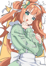  1girl @_@ absurdres alternate_costume animal_ears apron blue_eyes blunt_bangs blush frilled_apron frills green_eyes green_jacket hairband highres hime_cut horse_ears horse_girl horse_tail jacket jersey_maid long_hair long_sleeves maid maid_apron maid_headdress open_mouth orange_hair orange_tail pandoa_(mikage0495) silence_suzuka_(umamusume) solo sweat tail track_jacket umamusume unconventional_maid white_apron white_hairband white_headdress 