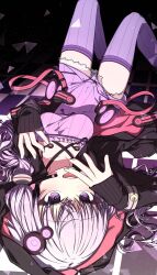  1girl black_jacket blush breasts collarbone commentary_request criss-cross_halter crossed_bangs dress empire_waist feet_out_of_frame frilled_dress frills hair_between_eyes hair_ornament halter_dress halterneck hands_up headset highres hood hood_up hooded_jacket jacket knees_up long_hair long_sleeves looking_at_viewer lying on_back open_clothes open_jacket open_mouth pink_jacket purple_dress purple_hair purple_thighhighs ribbed_dress ribbed_thighhighs short_dress short_hair_with_long_locks sidelocks sleeves_past_wrists small_breasts smile solo teeth thigh-highs two-sided_fabric two-sided_jacket upper_teeth_only upside-down violet_eyes vocaloid voiceroid yoruui4300 yuzuki_yukari zettai_ryouiki 