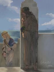  210_(reverse:1999) 2boys 6_(reverse:1999) abs against_pillar ancient_greek_clothes artist_name blonde_hair blue_sky brown_hair brown_sandals circlet clouds cloudy_sky covered_eyes day food-themed_hair_ornament fujji_771 full_body grape_hair_ornament greco-roman_clothes hair_ornament hair_over_eyes highres himation holding holding_scroll looking_at_another looking_to_the_side male_focus medium_hair multiple_boys ocean outdoors pectorals peeking reverse:1999 sample_watermark sandals scroll single_bare_arm single_bare_shoulder sky standing toga toned toned_male walking watermark 