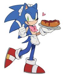  1girl absurdres animal_ears animal_nose apron blue_fur bow bowtie chili_dog full_body furry furry_male gloves green_eyes hedgehog_boy highres holding holding_plate hot_dog maid_headdress male_focus pink_bow pink_bowtie plate red_shoes shoes short_tail simple_background smile sonic_(series) sonic_the_hedgehog standing tail unneul waiter white_apron white_background white_gloves 