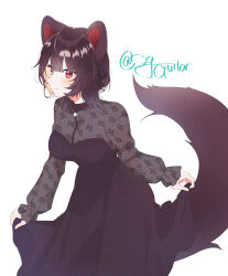  1girl absurdres animal_ears black_dress brown_hair closed_mouth clothes_lift dog_ears dog_girl dress dress_lift fluffy_tail heterochromia highres inui_toko inui_toko_(stage_dress) lifting_own_clothes looking_at_viewer nijisanji official_alternate_hair_length official_alternate_hairstyle red_eyes shigure_(sigre) short_hair smile solo virtual_youtuber yellow_eyes 