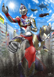  2boys absurdres aeon_(retailer) aircraft airplane alien arm_guards armor artist_name asymmetrical_arms billboard blue_skin blue_sky breastplate building city cityscape clenched_hands clouds cloudy_sky color_timer colored_skin commentary compound_eyes crystal dated day debris dirt dorsal_fin dust_cloud fighter_jet fighting_stance foot_out_of_frame forehead_jewel foreshortening giant giant_male gradient_eyes guts_falcon guts_hawk highres kneeling lens_flare looking_ahead looking_down male_focus military_vehicle multicolored_eyes multicolored_skin multiple_boys nursedessei outdoors outstretched_arm pectorals red_skin shining_gold_montblanc signature silver_skin sky skyscraper standing tokusatsu toned toned_male ultra_series ultraman_decker ultraman_decker_(flash_type) ultraman_decker_(series) ultraman_trigger ultraman_trigger_(multi_type) ultraman_trigger_(series) wrinkled_skin yellow_eyes 