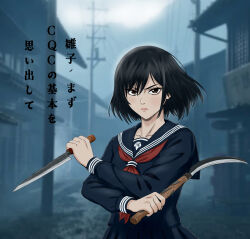  1girl asymmetrical_dual_wielding black_hair blue_sailor_collar blurry brown_eyes close-quarters_combat depth_of_field dual_wielding highres holding holding_knife holding_sickle knife long_sleeves neckerchief pleated_skirt red_neckerchief sailor_collar school_uniform shimizu_hinako short_hair sickle silent_hill_(series) silent_hill_f skirt solo translation_request utility_pole viperxtr 