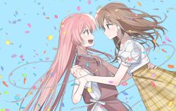  2girls bang_dream! bang_dream!_it's_mygo!!!!! blue_eyes blush brown_hair brown_skirt brown_sweater_vest chihaya_anon closed_mouth commentary confetti earphones eye_contact fang grey_eyes hashtag-only_commentary holding_hands interlocked_fingers long_hair looking_at_another multiple_girls nagasaki_soyo open_mouth pink_hair puffy_short_sleeves puffy_sleeves shared_earphones shirt short_sleeves simple_background skirt sweater_vest white_shirt yojeong_dimseom yuri 