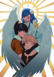  1boy 2girls absurdres angel_wings ashensol black_hair blonde_hair blue_hair blue_streaks dizzy_(guilty_gear) eyepatch fingerless_gloves flower gloves guilty_gear guilty_gear_strive guilty_gear_strive:_dual_rulers hair_flower hair_ornament hand_on_another's_head highres hug mother_and_daughter mother_and_son multicolored_hair multiple_girls parent_and_child queen_dizzy red_eyes sin_kiske streaked_hair unika_(guilty_gear) upper_body wings 