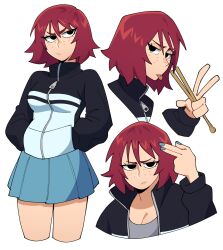 1girl black_jacket blue_nails blue_skirt drumsticks grey_background hands_in_pockets highres holding holding_drumsticks jacket kim_pine maejpg_. multicolored_jacket multiple_views pleated_skirt red_hair scott_pilgrim_(series) short_hair simple_background sitting skirt tongue tongue_out two-tone_jacket v white_background white_jacket 
