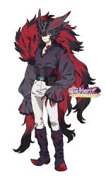  1boy animal_ears aqua_gemstone belt black_belt black_boots black_corset black_hair black_shirt boots claws corset feather_boa fox_ears full_body gem grey_hat hair_over_one_eye hat highres long_sleeves looking_at_viewer pants personification pokemon pokemon_(creature) red_eyes red_trim shirt simple_background sleeves_past_fingers sleeves_past_wrists solo standing white_background white_pants wulie_errr zoroark 