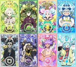  4boys 4girls absurdres adjusting_clothes adjusting_necktie altaria aqua_eyes aqua_hair aqua_nails backwards_hat bald banette baseball_cap beard beartic bellibolt black_hair black_hat black_jacket blue_hair border bow-shaped_hair brassius_(pokemon) brown_hat brown_shirt cetitan cetoddle closed_eyes closed_mouth collared_shirt commentary_request crabominable crossed_arms dark-skinned_female dark_skin dress dudunsparce earrings espathra eyelashes facial_hair farigiraf fingernails florges florges_(red_flower) gardevoir gloves greavard green_eyes green_hair grey_hat grey_shirt grusha_(pokemon) hair_bun hair_ornament hand_in_pocket hand_on_own_hip hat highres holding holding_microphone houndstone icicle iono_(pokemon) jacket jewelry katy_(pokemon) kofu_(pokemon) komala larry_(pokemon) lightning_bolt_symbol lips lipstick long_sleeves luxio makeup microphone mismagius mole mole_under_eye multicolored_hair multiple_boys multiple_girls nail_polish necktie nymble open_mouth orange_eyes orange_pupils own_hands_together petilil pink_hair poke_ball_theme pokemon pokemon_(creature) pokemon_sv purple_hair purple_shirt ryme_(pokemon) scarf scarf_over_mouth sharp_teeth shirt short_sleeves single_hair_bun smile smoliv spiky_hair star_(symbol) staraptor sudowoodo suit tarountula teddiursa teeth terastallization thick_eyebrows toxtricity toxtricity_(low_key) tulip_(pokemon) two-tone_hair two-tone_scarf unibrow upper_teeth_only user_njye5485 veluza watermark wattrel white_dress white_gloves white_hair wugtrio 