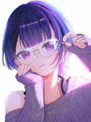  1girl absurdres adjusting_clothes aran_sweater cable_knit chain chain_necklace closed_mouth commentary_request glasses headphones headphones_around_neck highres jewelry koshimizu_toru long_sleeves looking_at_viewer natsuyu_3 necklace nijisanji nose_pads off-shoulder_sweater off_shoulder purple_hair purple_sweater rimless_eyewear simple_background sleeves_past_wrists solo sweater upper_body violet_eyes virtual_youtuber white_background 