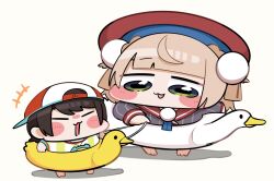  2girls =_= backwards_hat baseball_cap beret blonde_hair blunt_bangs blush_stickers brown_hair chibi chibi_only duck_innertube green_eyes grey_jacket hair_ornament hair_rings hat hololive indie_virtual_youtuber innertube jacket kakue_gaku long_sleeves looking_at_another multiple_girls oozora_subaru oozora_subaru_(1st_costume) pinstripe_jacket pinstripe_pattern pom_pom_(clothes) pom_pom_hair_ornament red_hat red_sailor_collar sailor_collar school_uniform shigure_ui_(vtuber) shigure_ui_(vtuber)_(1st_costume) shirt side_up_ring sleeve_cuffs striped_clothes striped_jacket striped_shirt swim_ring vertical-striped_clothes vertical-striped_jacket vertical-striped_shirt virtual_youtuber white_shirt yellow_shirt 