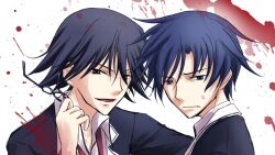  2boys black_hair blue_hair chaos;child embarrassed hekiho_academy_school_uniform implied_yaoi itou_shinji_(chaos;child) male_focus miyashiro_takuru multiple_boys necktie nervous_sweating robber-krzk school_uniform science_adventure short_hair smile smug stolen_eyewear sweat unworn_eyewear 