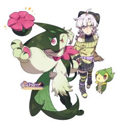  1girl 1other ahoge animal_hands bare_shoulders beanie black_shirt black_shoes body_fur fang flower full_body furry green_fur green_hair grey_hat grey_leg_warmers grey_skirt half-closed_eyes hat highres leg_warmers looking_at_viewer meowscarada off-shoulder_sweater off_shoulder open_mouth pawpads pink_eyes pink_flower pokemon pokemon_(creature) purple_hair red_eyes shirt shoes short_hair short_tail simple_background skin_fang skirt snake snivy standing striped_clothes striped_thighhighs sweater tail thigh-highs two-tone_fur undershirt violet_eyes white_background wulie_errr yellow_sweater yellow_thighhighs 