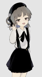  1girl arm_at_side beret black_hat black_ribbon black_skirt brown_eyes brown_hair collared_shirt colored_inner_hair cowboy_shot fangs flower fuyu_usagi grey_background hair_rings half-closed_eyes hand_up hat hat_flower hat_ribbon hatoba_tsugu highres long_sleeves medium_hair mole mole_under_eye multicolored_hair neck_ribbon open_mouth ribbon rose shirt shirt_tucked_in simple_background single_hair_ring skirt smile solo standing suspender_skirt suspenders tsugu_(vtuber) virtual_youtuber waving white_flower white_rose white_shirt 