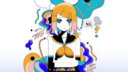  1girl abstract abstract_background bare_shoulders black_sailor_collar blonde_hair blue_eyes bow colored_skin commentary_request crop_top detached_sleeves expressionless hair_bow hair_ornament hairclip highres kagamine_rin looking_at_viewer machigami_yoh neckerchief sailor_collar shirt short_hair single_tear solo straight-on upper_body vocaloid white_background white_shirt white_skin yellow_neckerchief 