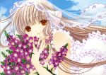  1girl absurdres artbook blonde_hair bouquet brown_eyes chii chobits clamp face fingernails fixed flower frills hands highres jewelry light_smile long_hair official_art ring robot_ears scan sky smile solo traditional_media veil very_long_hair wind 