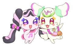  2girls :d arms_up bag beamed_eighth_notes black_bow black_hair blush_stickers bow bowtie brooch butterfly_bow butterfly_hair_ornament collar commentary creature curly_hair eighth_note facial_mark fairy four-pointed_star fur-trimmed_collar fur_trim hair_bun hair_ornament heart heart_facial_mark imminent_hug jewelry kimi_to_idol_precure long_hair looking_at_another lowres mascot meroron_(fairy)_(precure) meroron_(precure) messenger_bag multicolored_bow multicolored_fur multicolored_hair multiple_girls musical_note no_fingers no_humans onomekaman open_mouth orange_bag outstretched_arms pink_bow pink_collar pink_fur pink_hair precure purirun_(fairy)_(precure) purirun_(precure) red_eyes shoulder_bag simple_background smile star-shaped_pupils star_(symbol) star_brooch star_hair_ornament symbol-shaped_pupils tail two-tone_bow two-tone_fur two-tone_hair violet_eyes white_background white_bow white_bowtie yellow_fur 